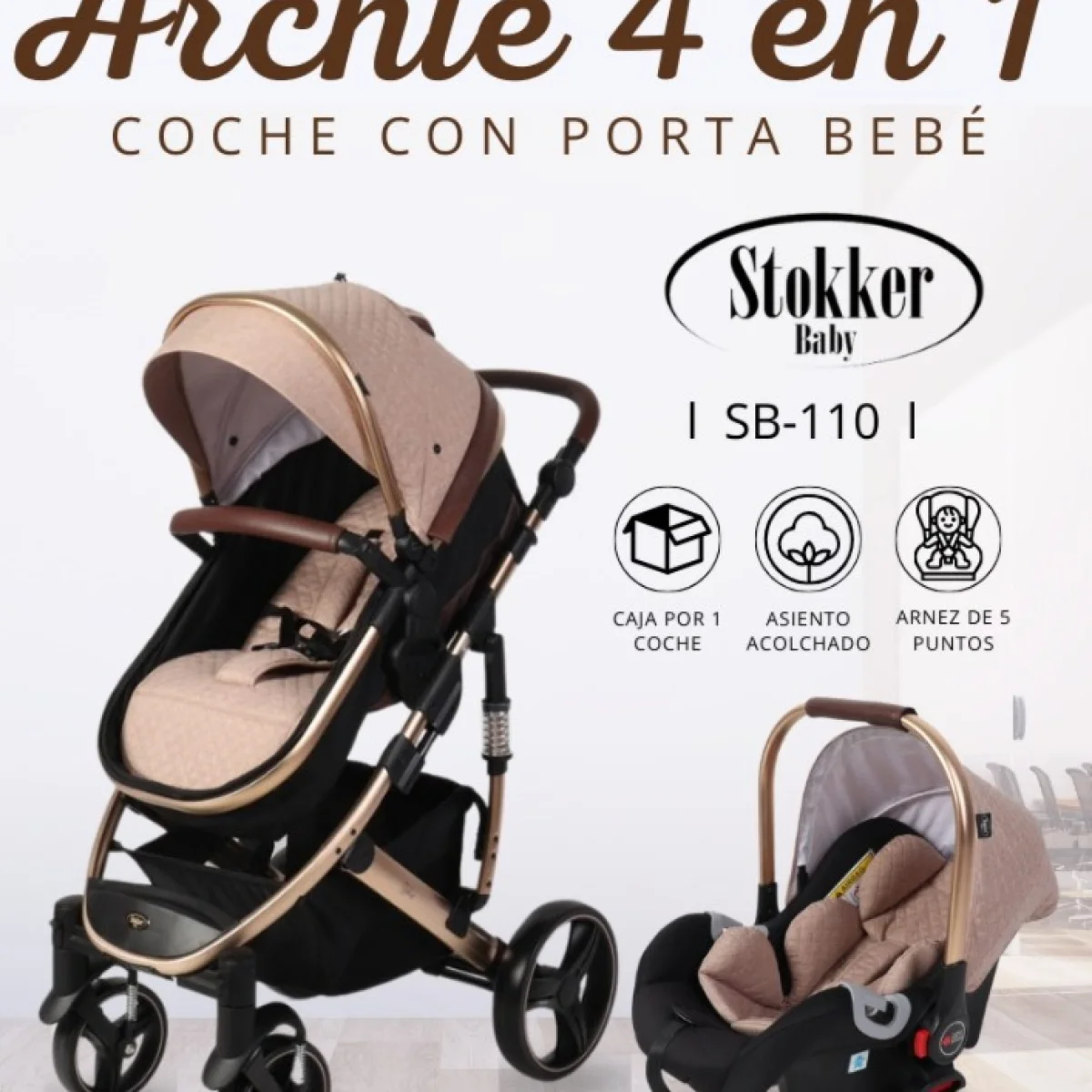 Coche Moises ARCHIE 4  en  1  Con porta bebé  de la marca Stokker baby  sb 110